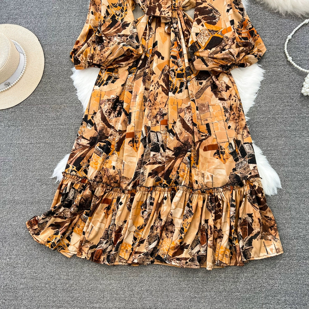 Retro Long Sleeve Big Hem Dress Bows Shoelace