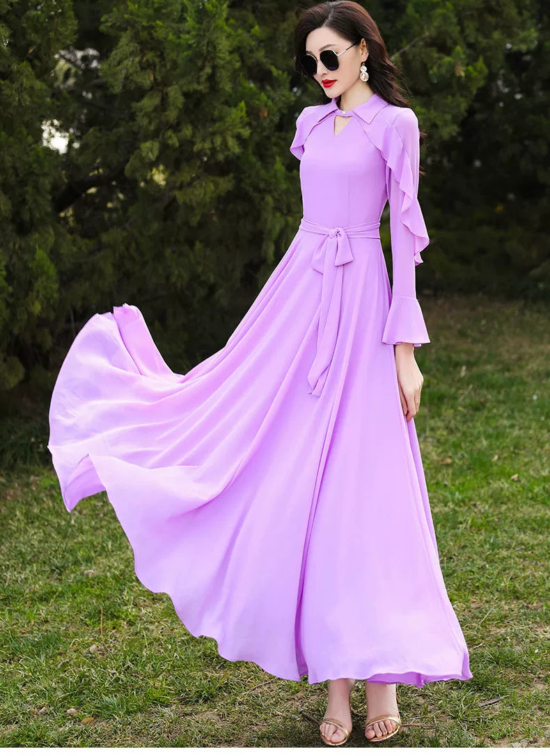 Long Sleeves Fashion All-Match Casual Chiffon Dress