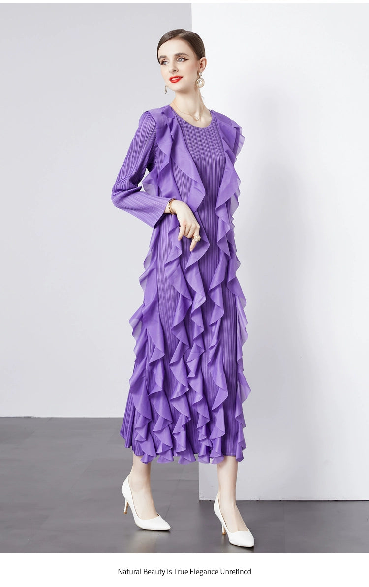 Sanzhai Pleated Spring and Autumn European and American Style Long-Sleeved Dress