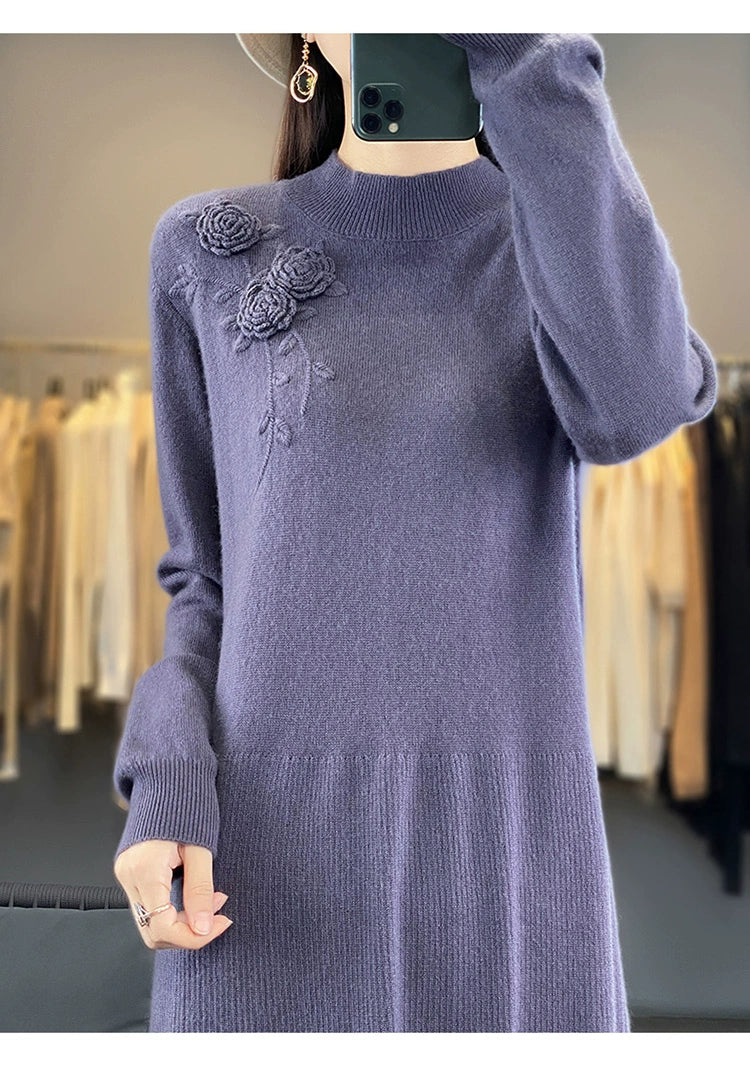 Vintage Half Turtleneck Handmade Embroidered Dress Cashmere Sweater