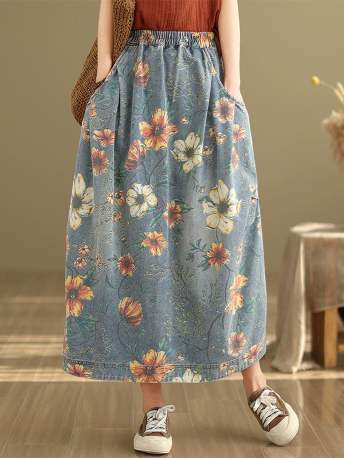 Artsy Casual Patchwork Mid Length Long Length Denim Skirt