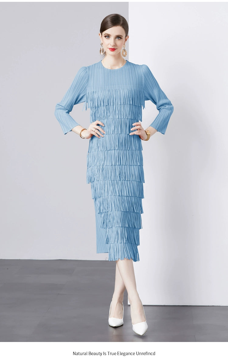 Sanzhai Pleated Spring and Autumn European and American Style Long-Sleeved Dress