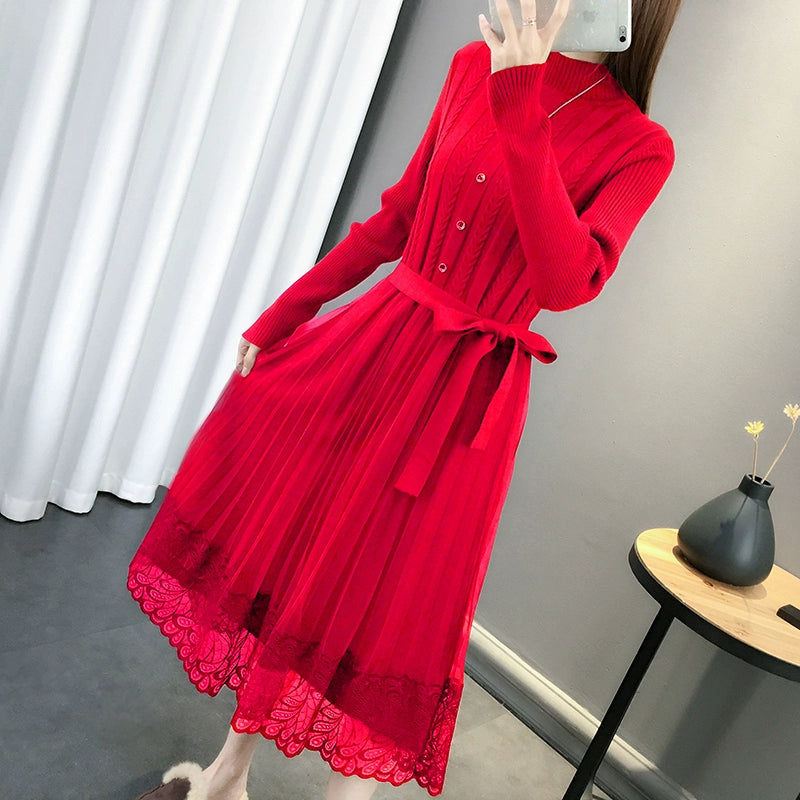 Hot Semi-High Collar Lace Temperament Autumn and Winter Dress