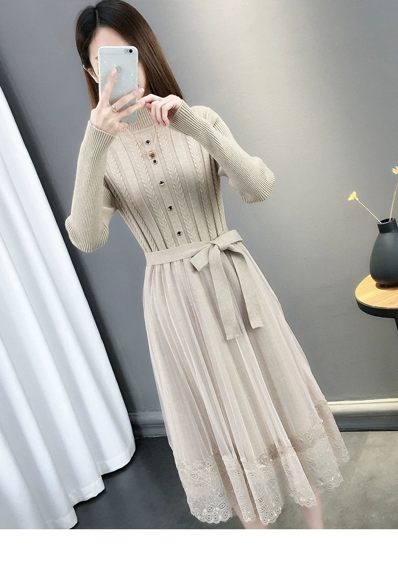 Hot Semi-High Collar Lace Temperament Autumn and Winter Dress