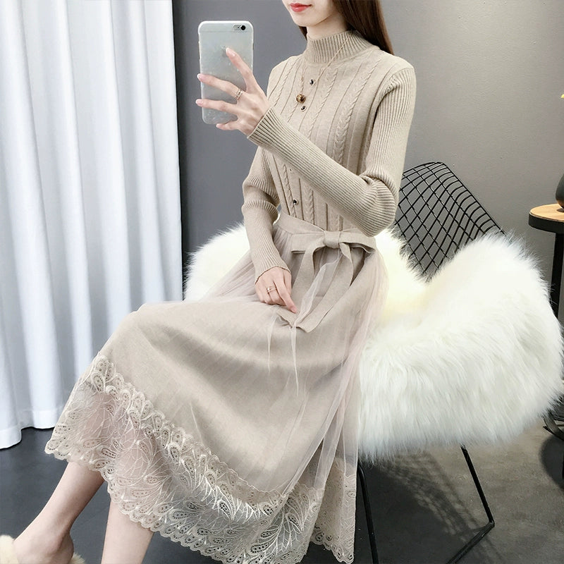 Hot Semi-High Collar Lace Temperament Autumn and Winter Dress