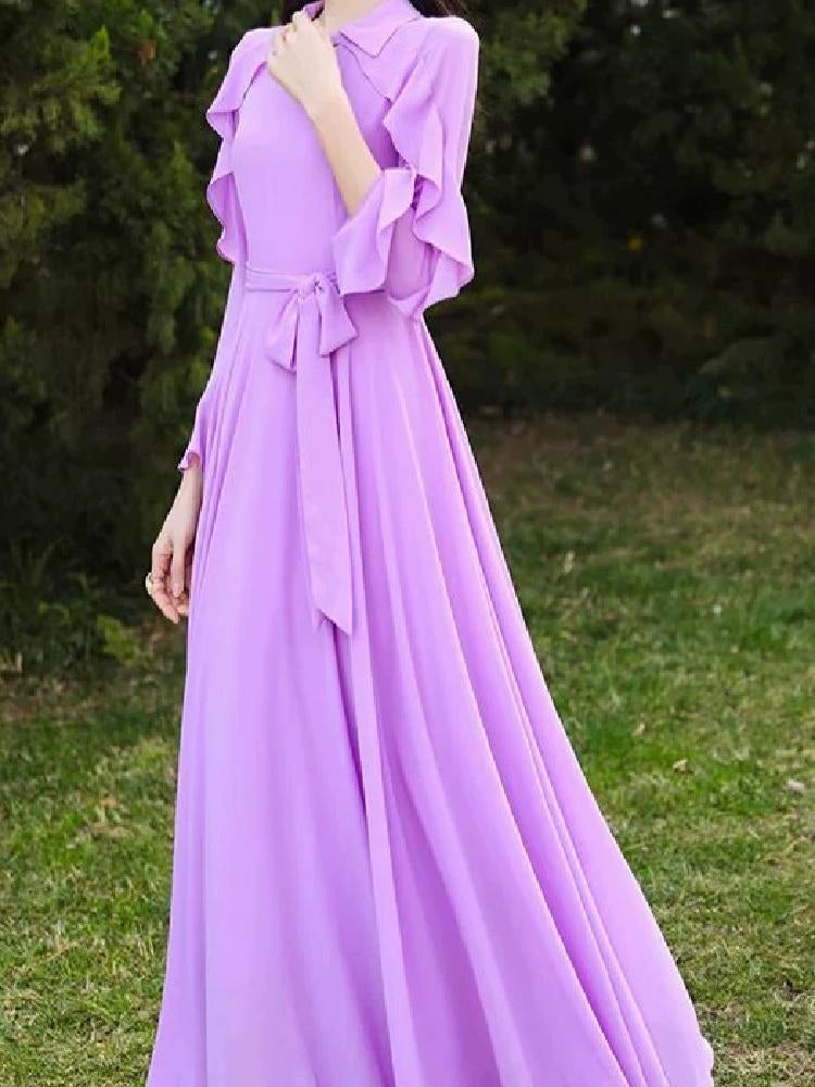 Long Sleeves Fashion All-Match Casual Chiffon Dress