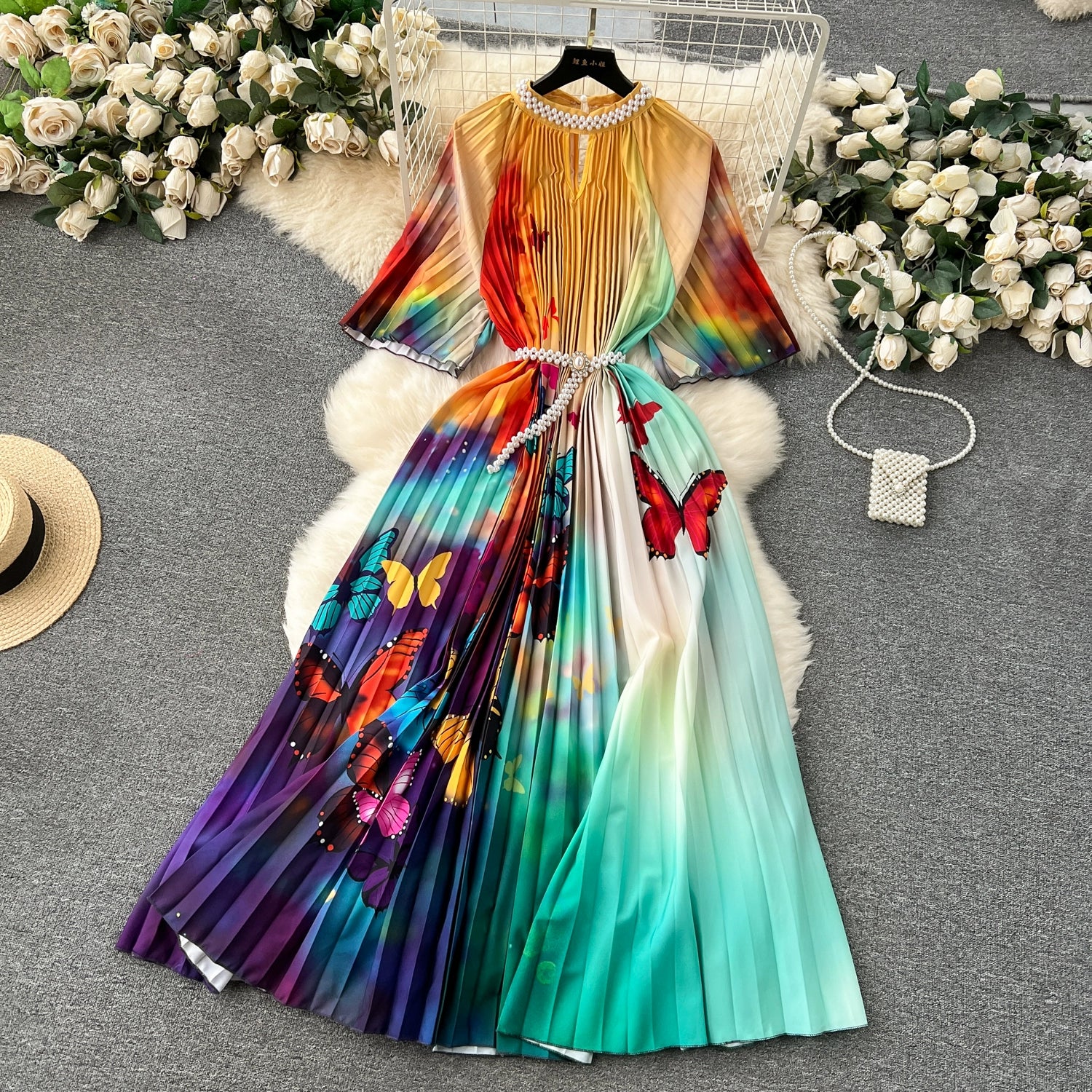 Women's European Style Long Dress Pleated Skirt Heavy Industry Beads