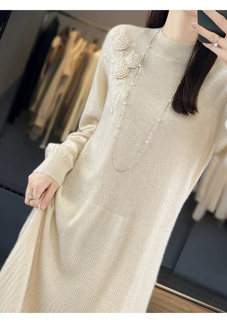 Vintage Half Turtleneck Handmade Embroidered Dress Cashmere Sweater