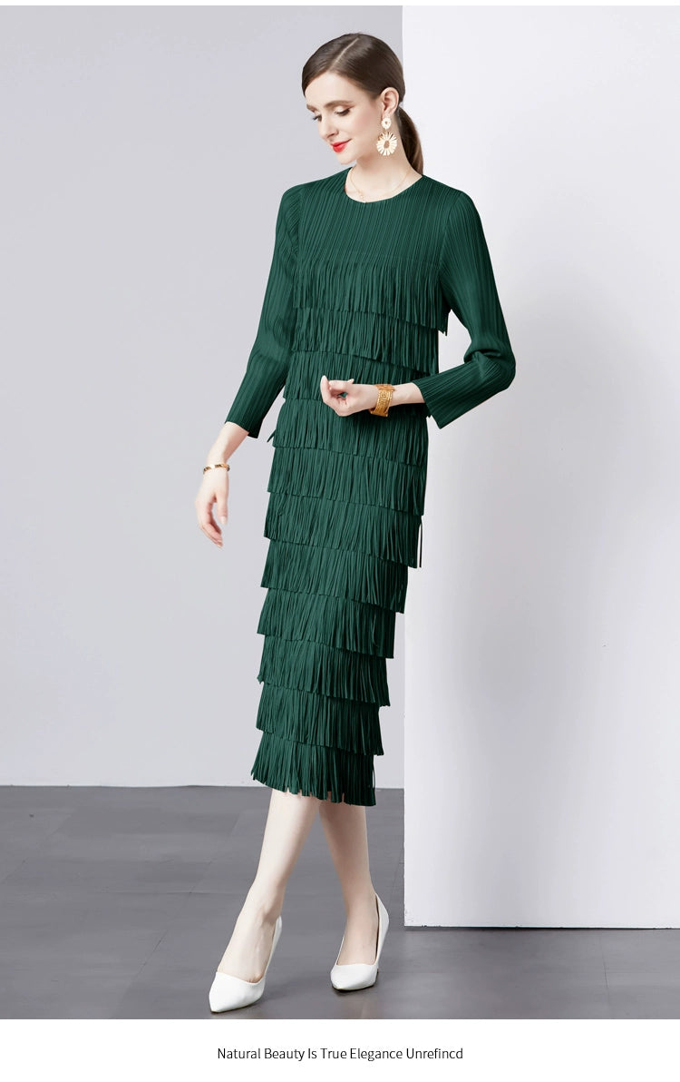 Sanzhai Pleated Spring and Autumn European and American Style Long-Sleeved Dress