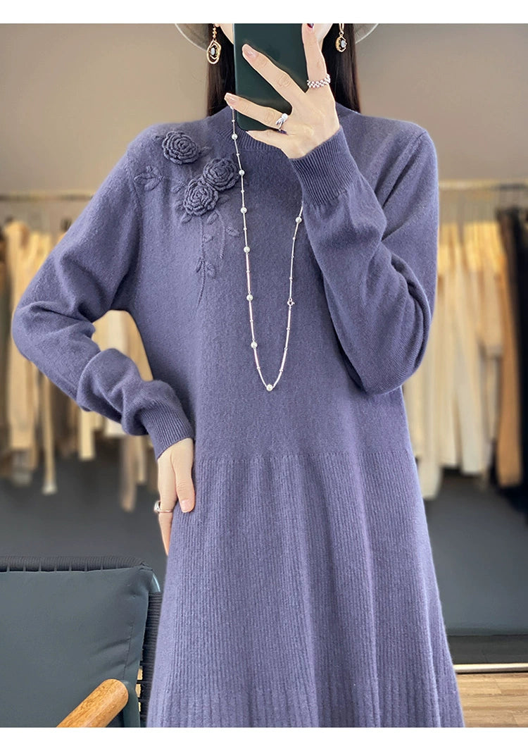 Vintage Half Turtleneck Handmade Embroidered Dress Cashmere Sweater