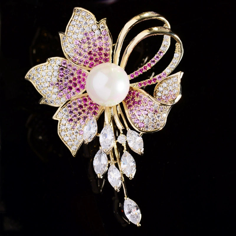 Korean Style Micro Inlaid Zircon Flower Corsage Fashion New Suit Coat Pin Accessories Elegant Magnolia Brooch for Women