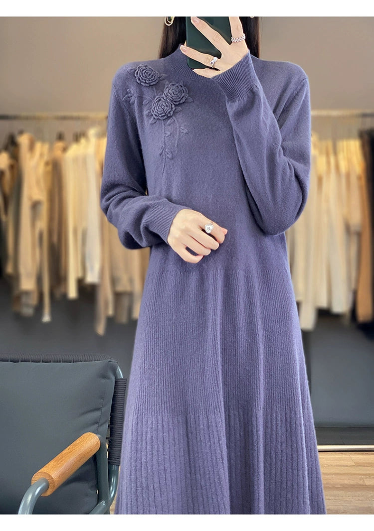 Vintage Half Turtleneck Handmade Embroidered Dress Cashmere Sweater