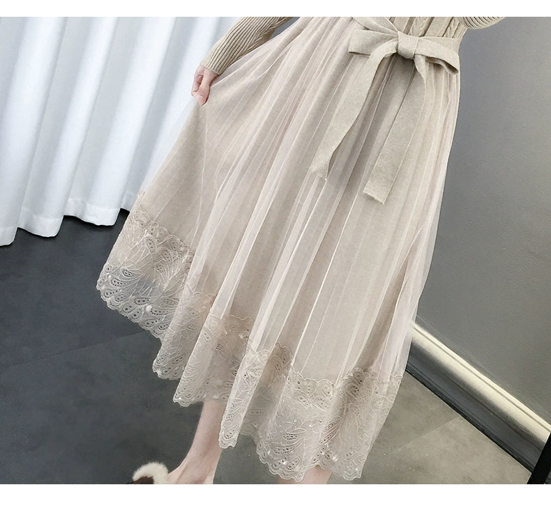 Hot Semi-High Collar Lace Temperament Autumn and Winter Dress