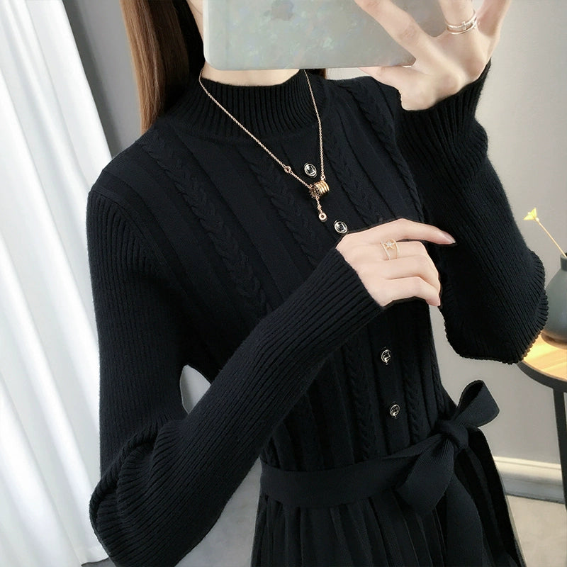 Hot Semi-High Collar Lace Temperament Autumn and Winter Dress