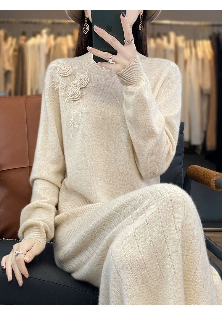 Vintage Half Turtleneck Handmade Embroidered Dress Cashmere Sweater