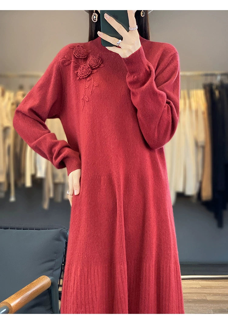 Vintage Half Turtleneck Handmade Embroidered Dress Cashmere Sweater