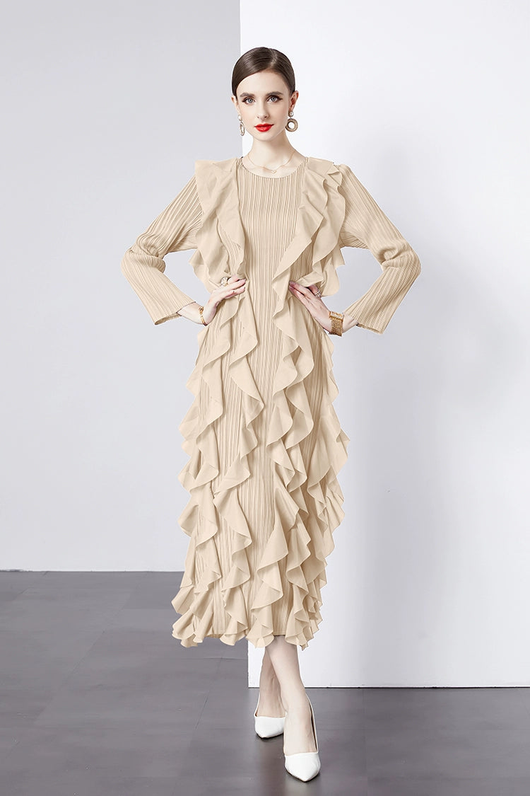 Sanzhai Pleated Spring and Autumn European and American Style Long-Sleeved Dress