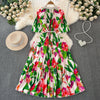 Fancy Accessible Luxury Socialite Stand-up Collar Cinched Slim Looking A- line Printed Pleated Dress Elegant Dress