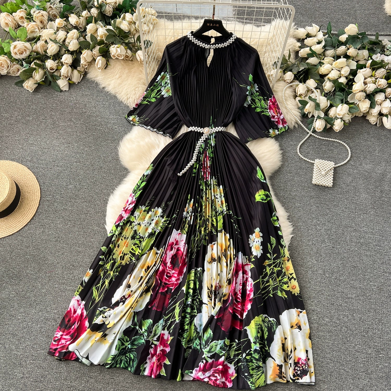 Women's European Style Long Dress Pleated Skirt Heavy Industry Beads