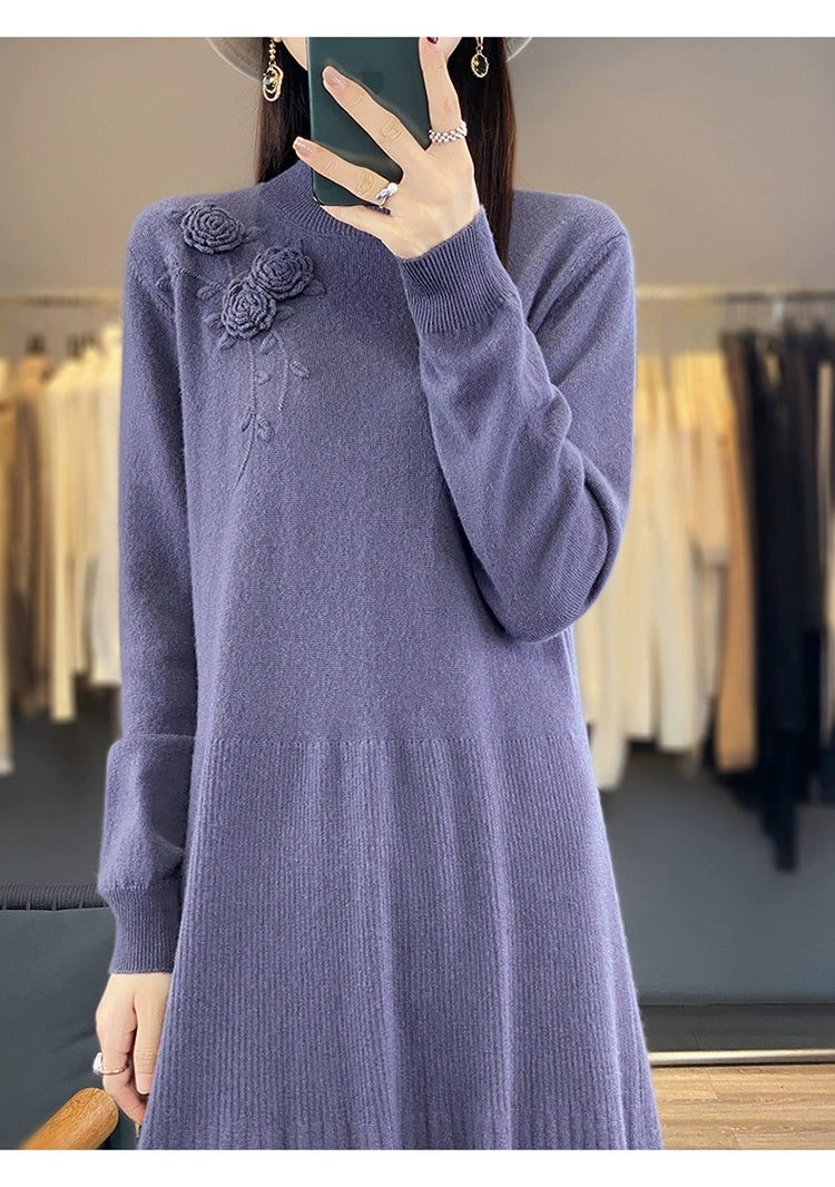 Vintage Half Turtleneck Handmade Embroidered Dress Cashmere Sweater