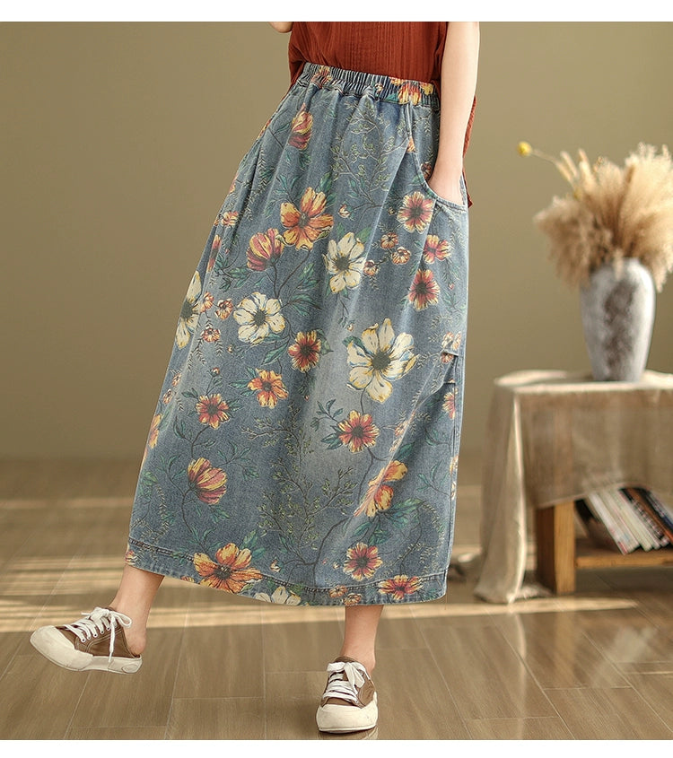 Artsy Casual Patchwork Mid Length Long Length Denim Skirt