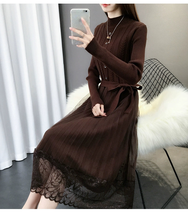 Hot Semi-High Collar Lace Temperament Autumn and Winter Dress