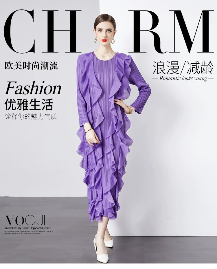 Sanzhai Pleated Spring and Autumn European and American Style Long-Sleeved Dress