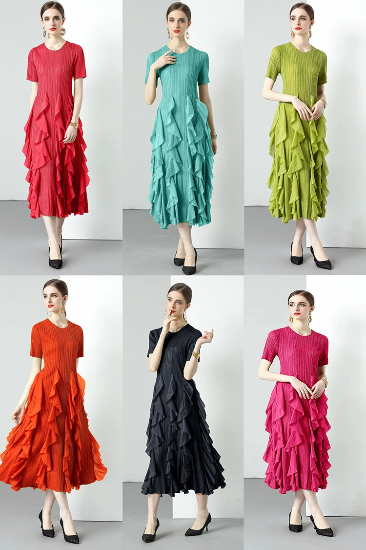 Sanzhai Pleated Spring and Autumn European and American Style Long-Sleeved Dress