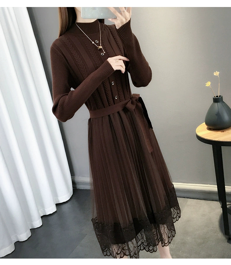 Hot Semi-High Collar Lace Temperament Autumn and Winter Dress