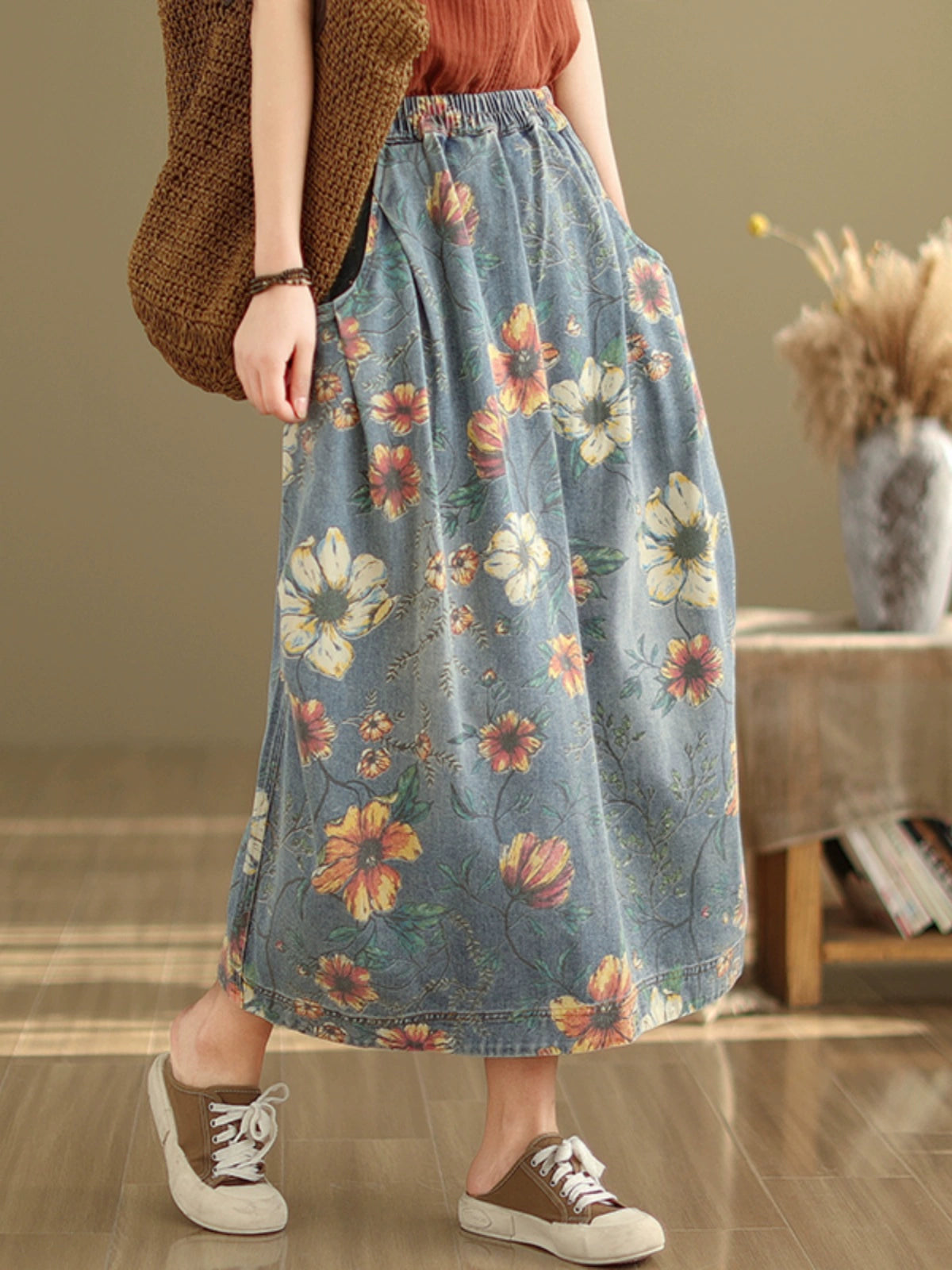 Artsy Casual Patchwork Mid Length Long Length Denim Skirt