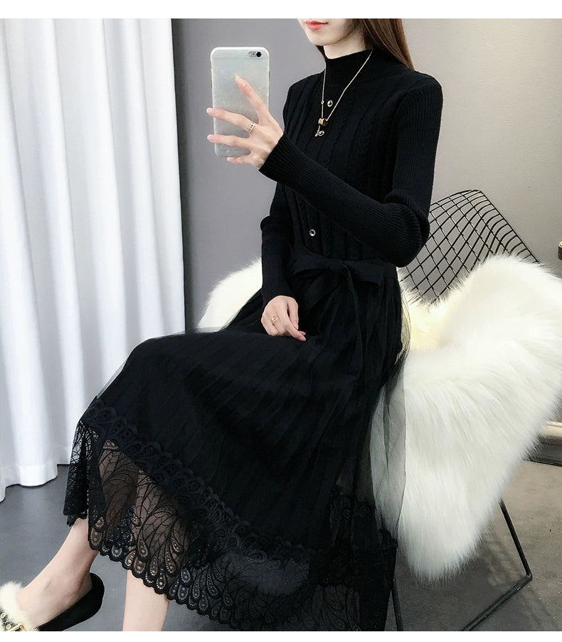 Hot Semi-High Collar Lace Temperament Autumn and Winter Dress