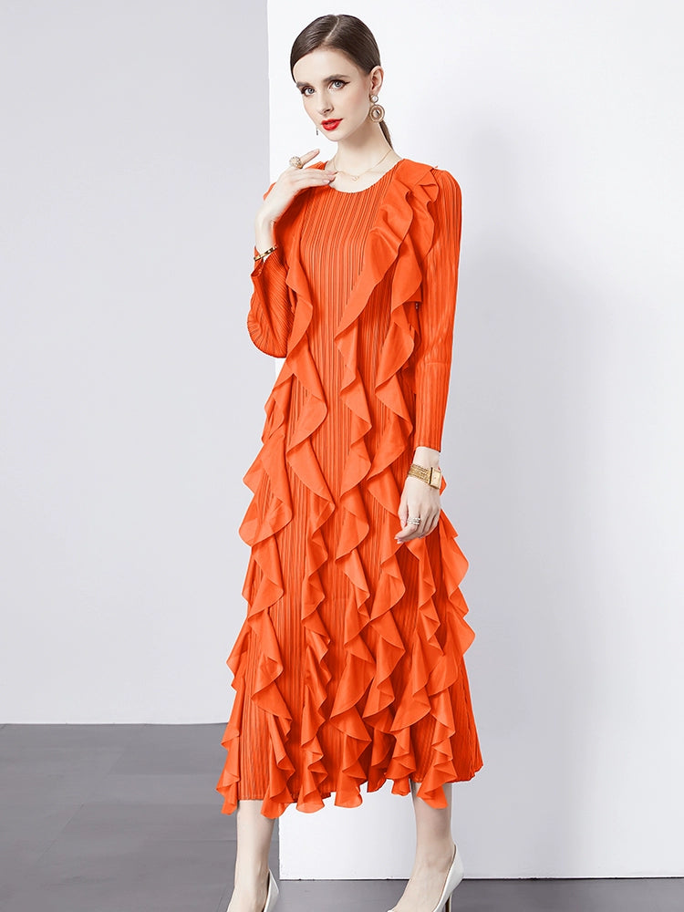 Sanzhai Pleated Spring and Autumn European and American Style Long-Sleeved Dress