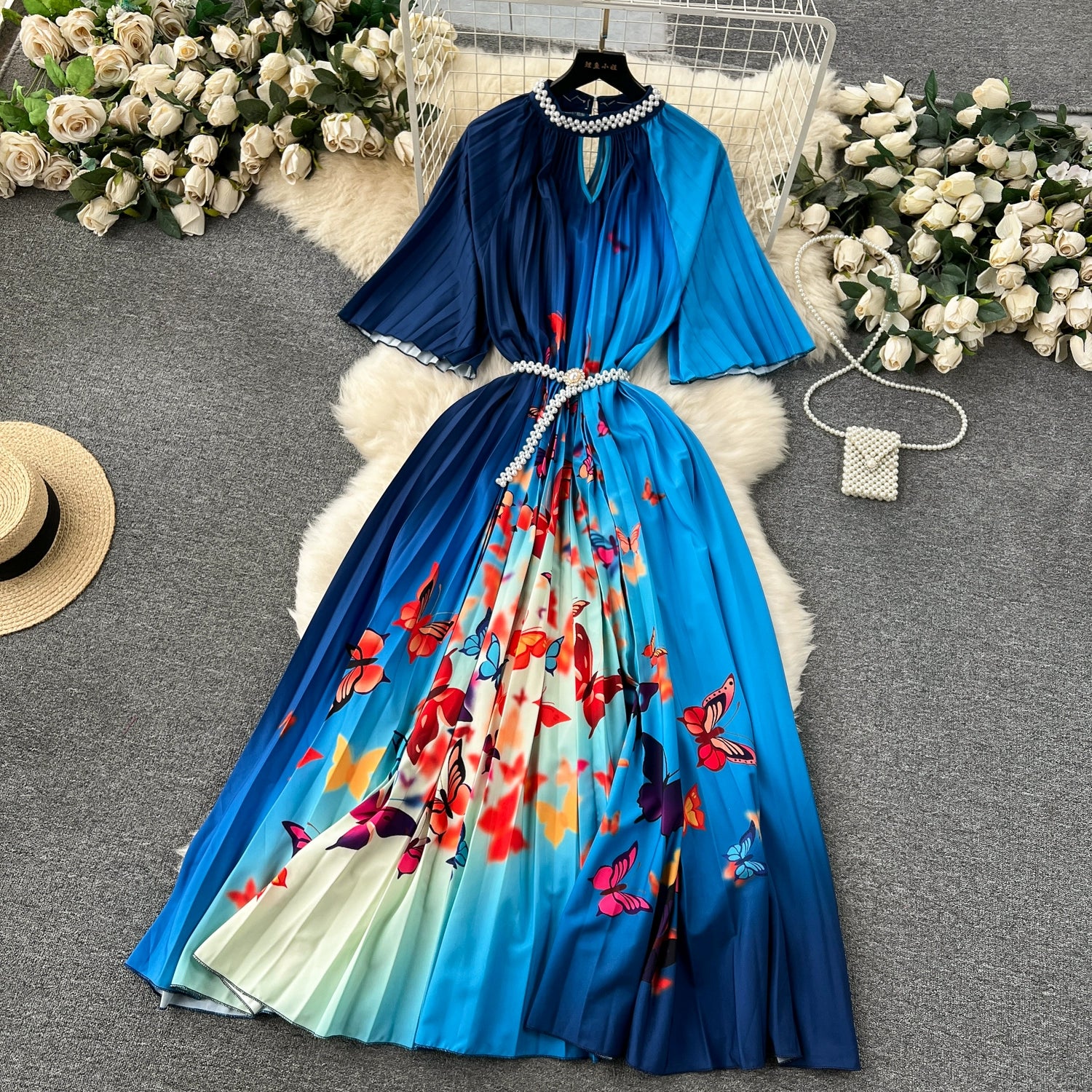 Women's European Style Long Dress Pleated Skirt Heavy Industry Beads