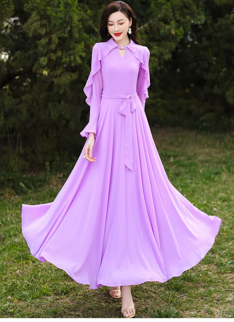 Long Sleeves Fashion All-Match Casual Chiffon Dress