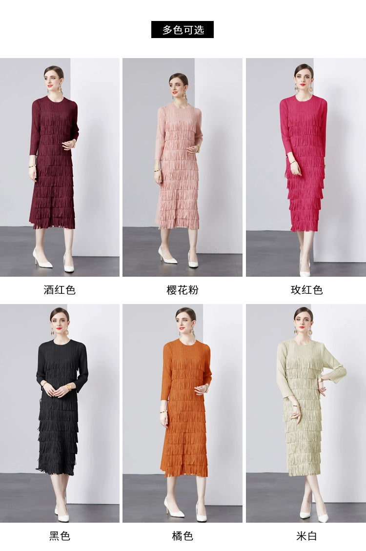 Sanzhai Pleated Spring and Autumn European and American Style Long-Sleeved Dress