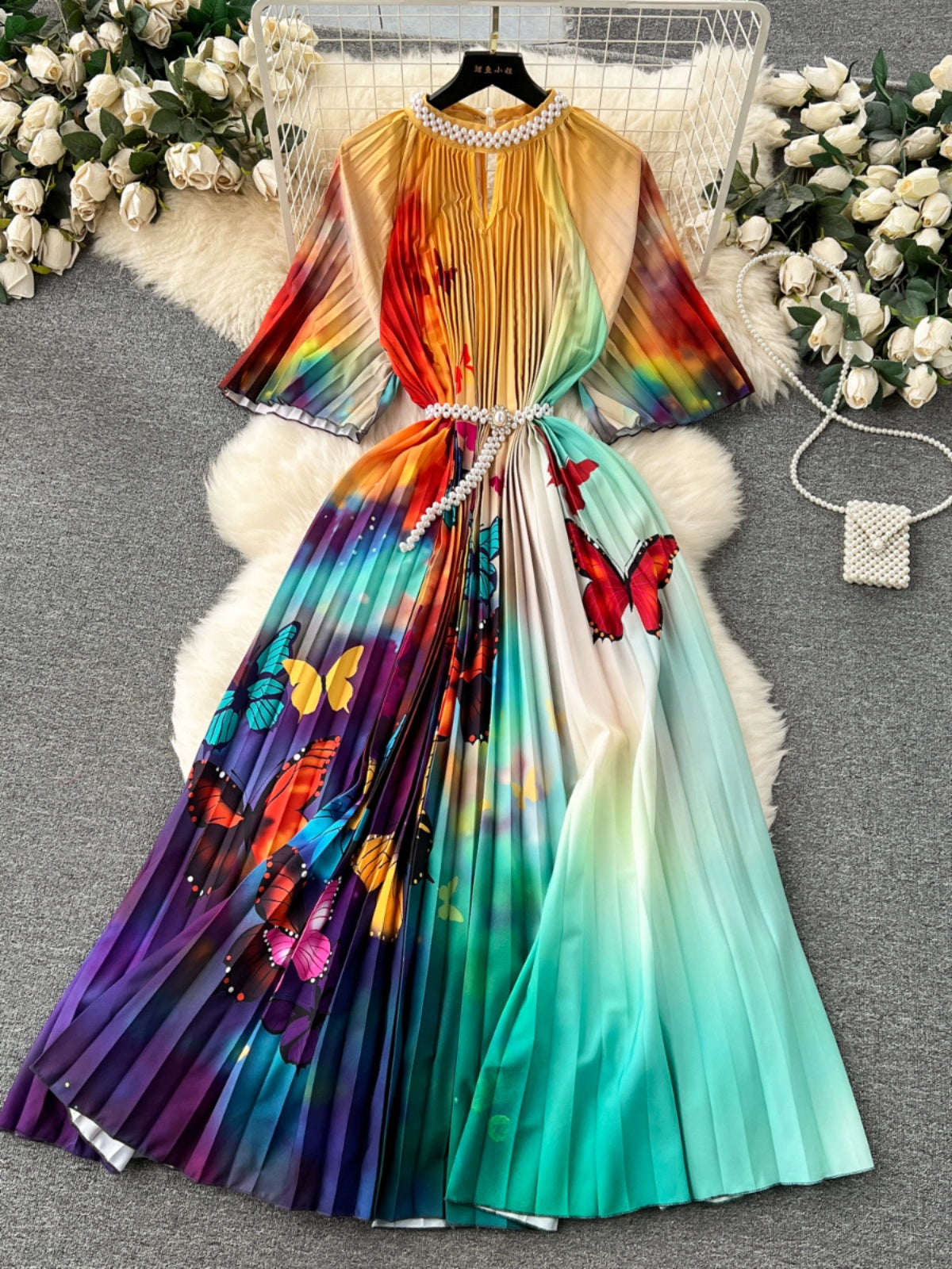 Women's European Style Long Dress Pleated Skirt Heavy Industry Beads