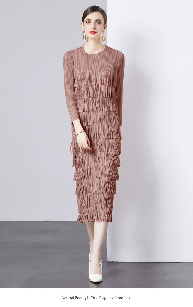 Sanzhai Pleated Spring and Autumn European and American Style Long-Sleeved Dress