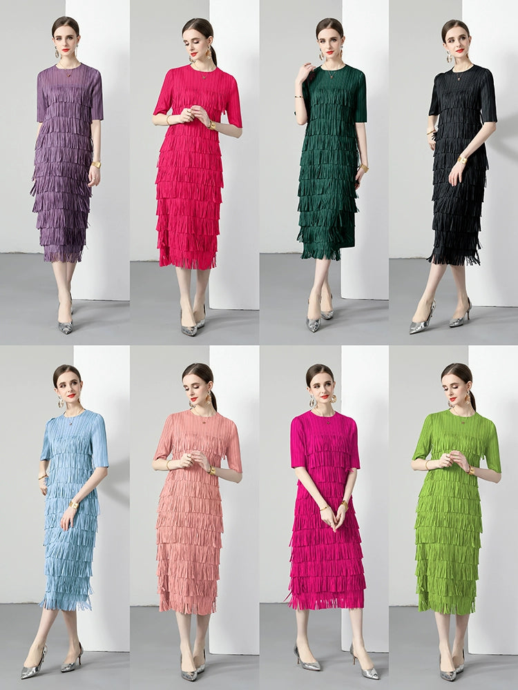 Sanzhai Pleated Spring and Autumn European and American Style Long-Sleeved Dress