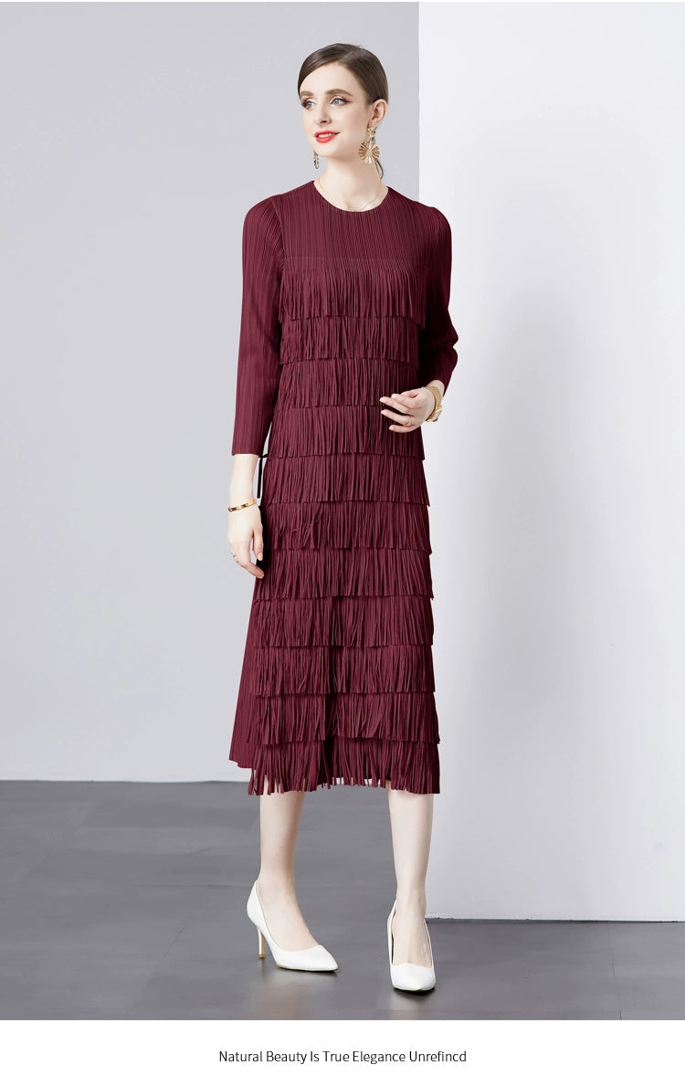 Sanzhai Pleated Spring and Autumn European and American Style Long-Sleeved Dress