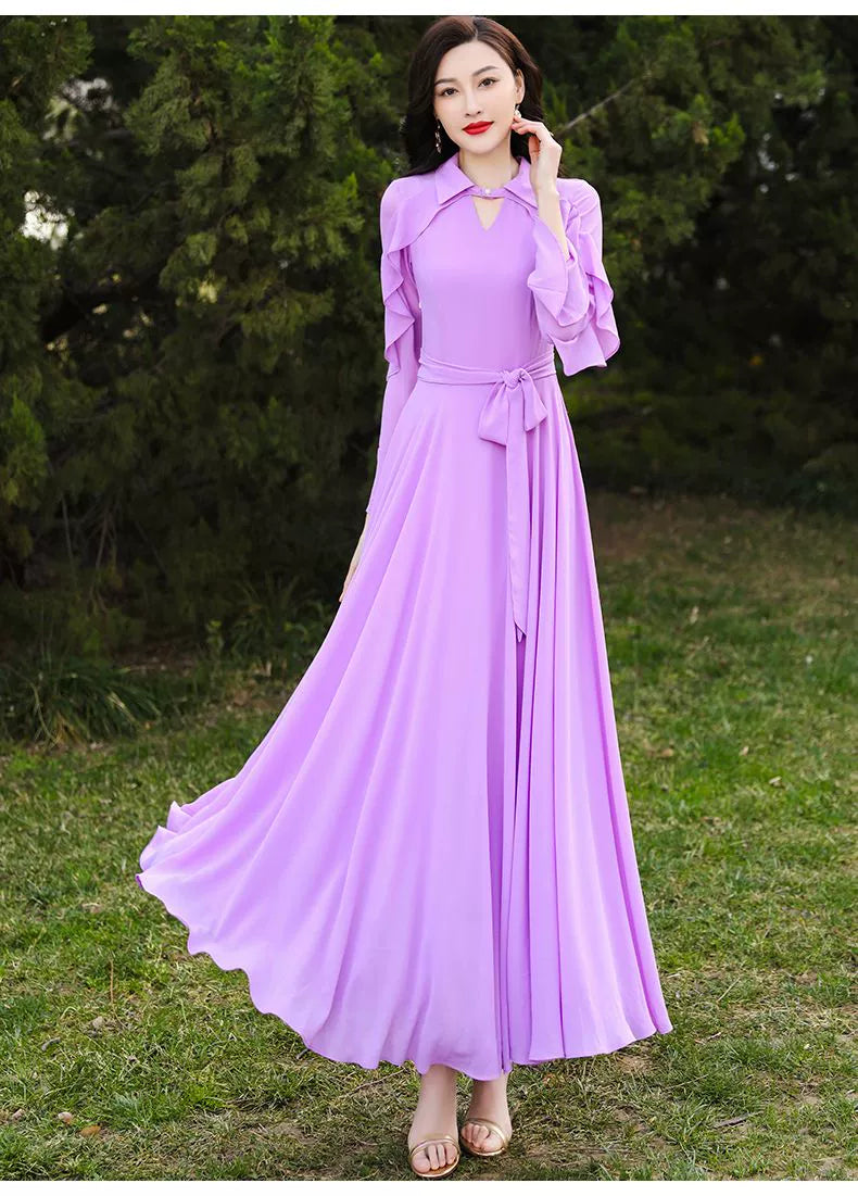 Long Sleeves Fashion All-Match Casual Chiffon Dress