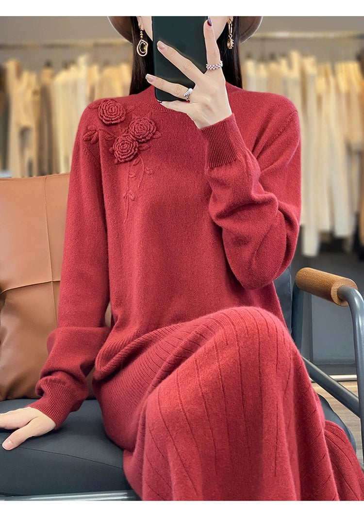 Vintage Half Turtleneck Handmade Embroidered Dress Cashmere Sweater