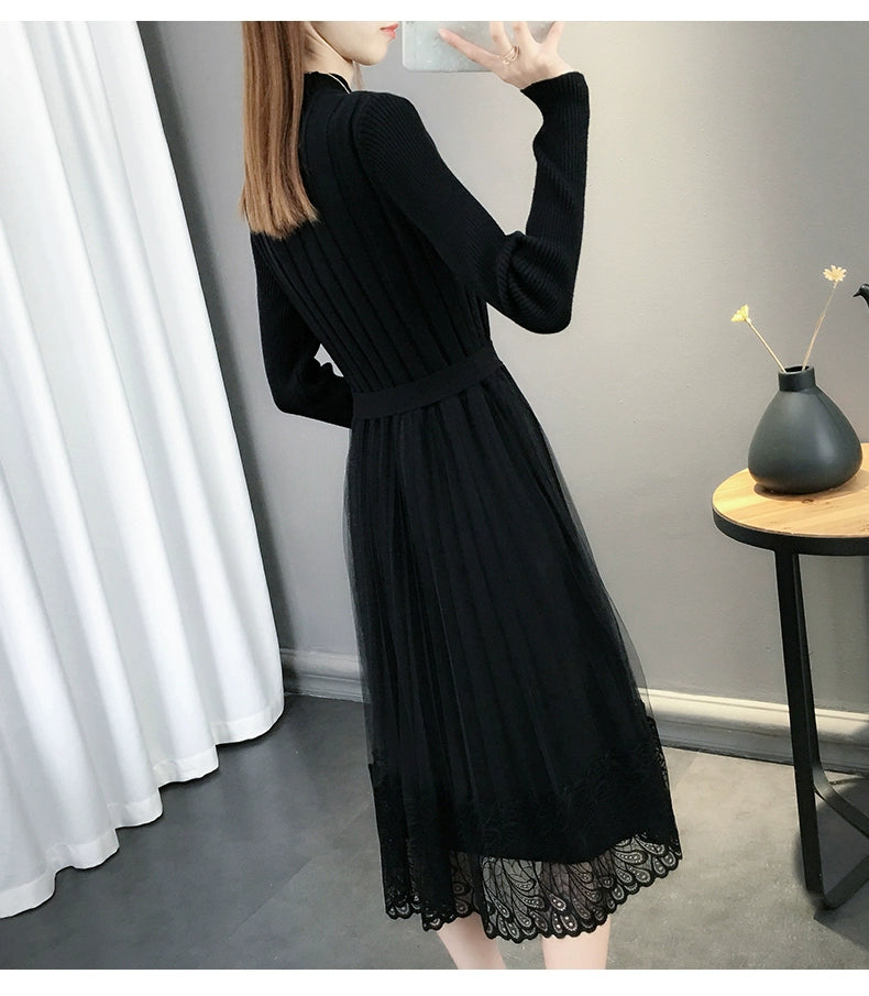 Hot Semi-High Collar Lace Temperament Autumn and Winter Dress