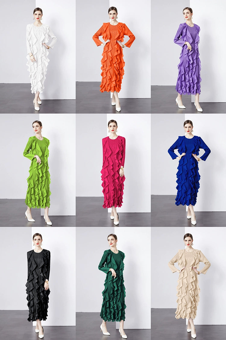 Sanzhai Pleated Spring and Autumn European and American Style Long-Sleeved Dress