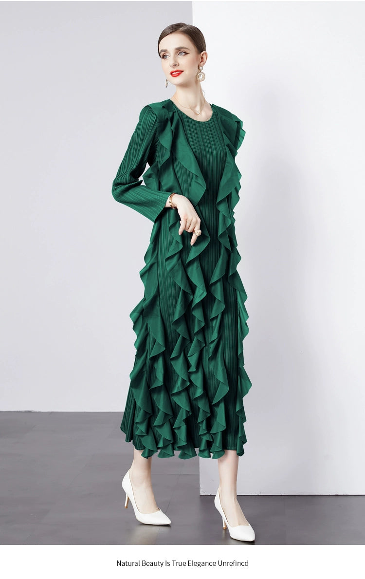 Sanzhai Pleated Spring and Autumn European and American Style Long-Sleeved Dress