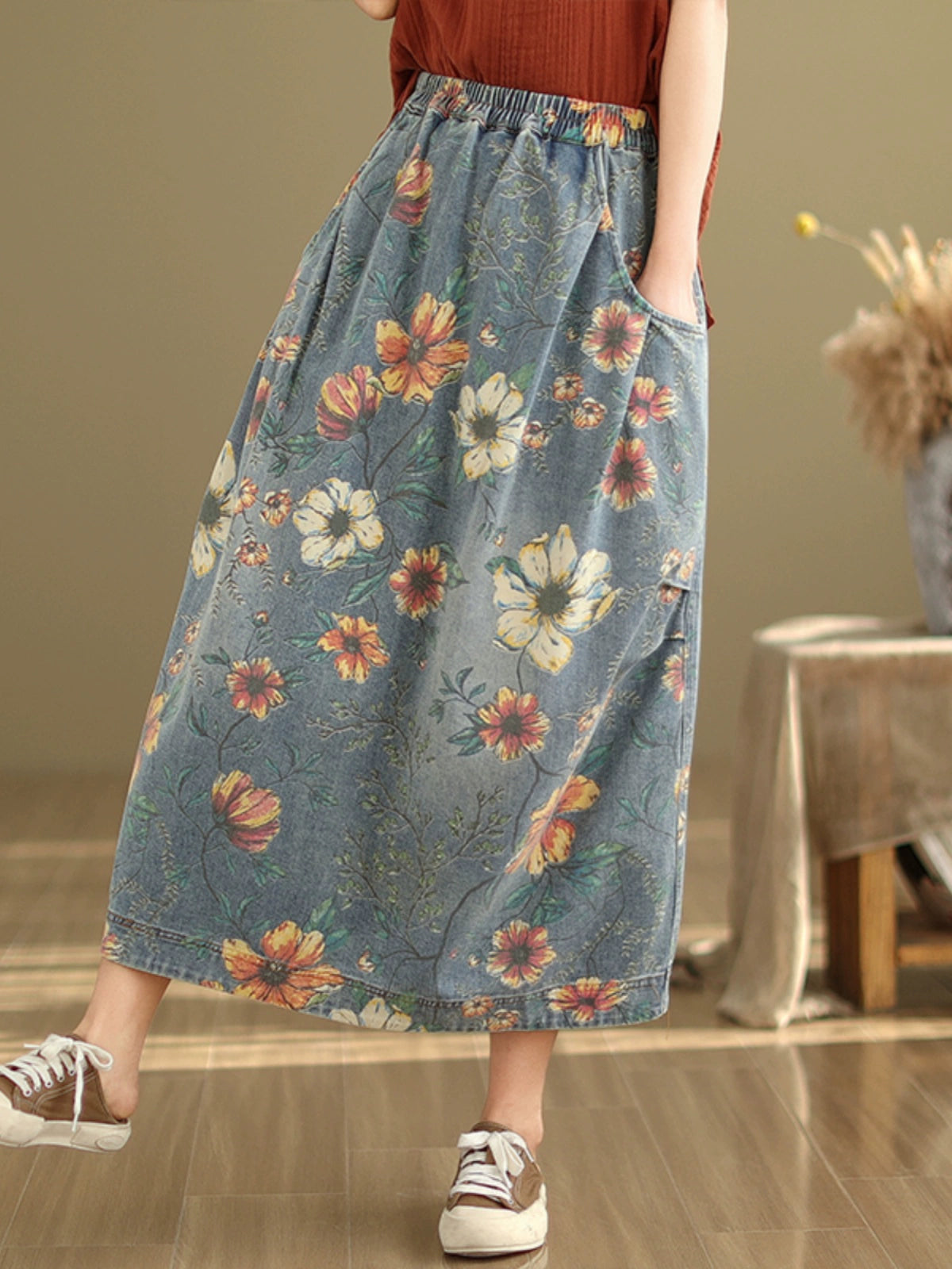 Artsy Casual Patchwork Mid Length Long Length Denim Skirt