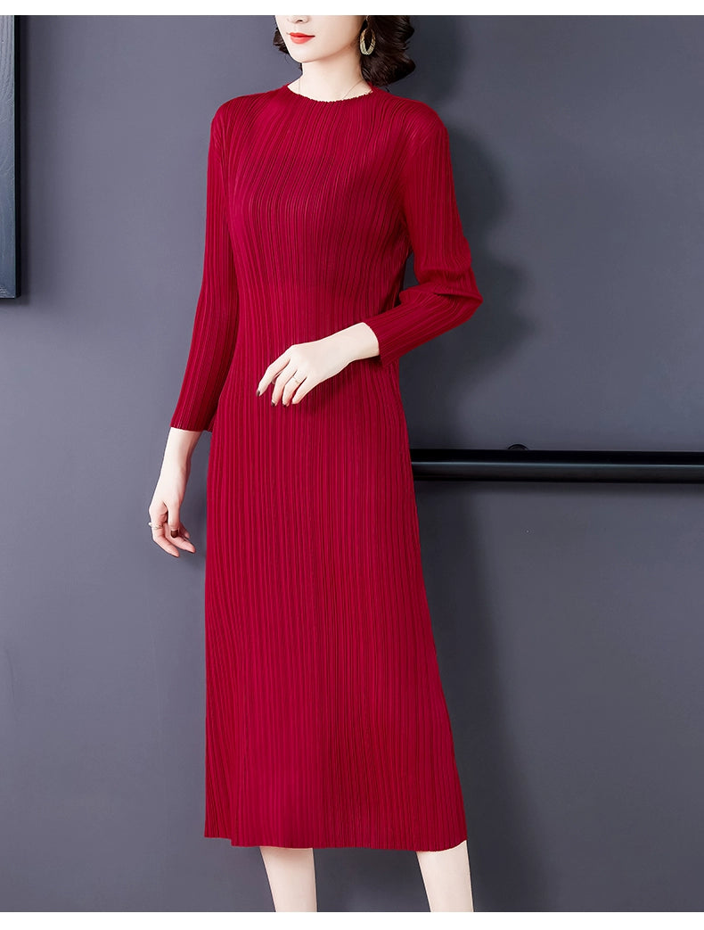 Sanzhai Pleated Spring and Autumn European and American Style Long-Sleeved Dress