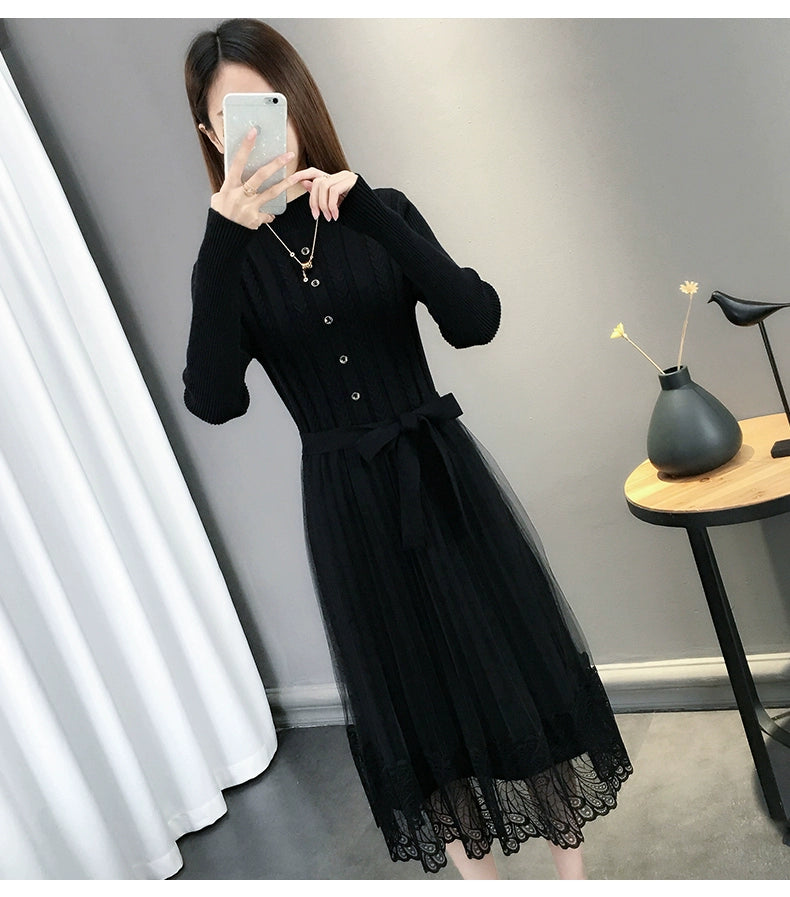 Hot Semi-High Collar Lace Temperament Autumn and Winter Dress