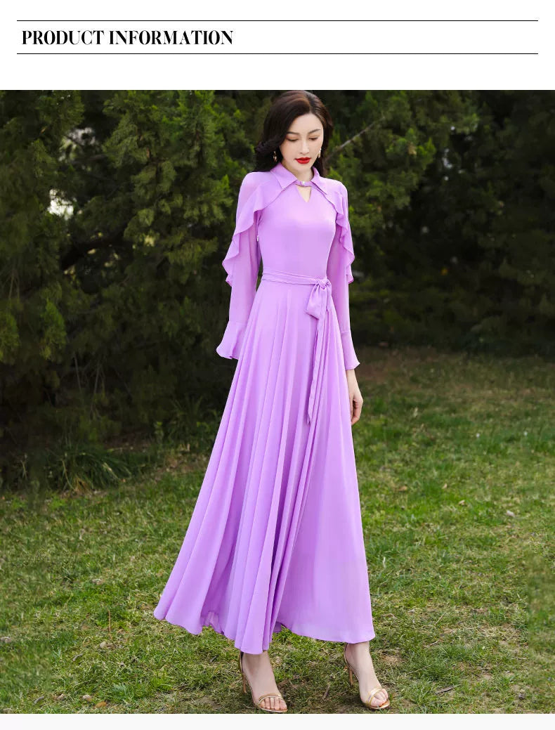 Long Sleeves Fashion All-Match Casual Chiffon Dress