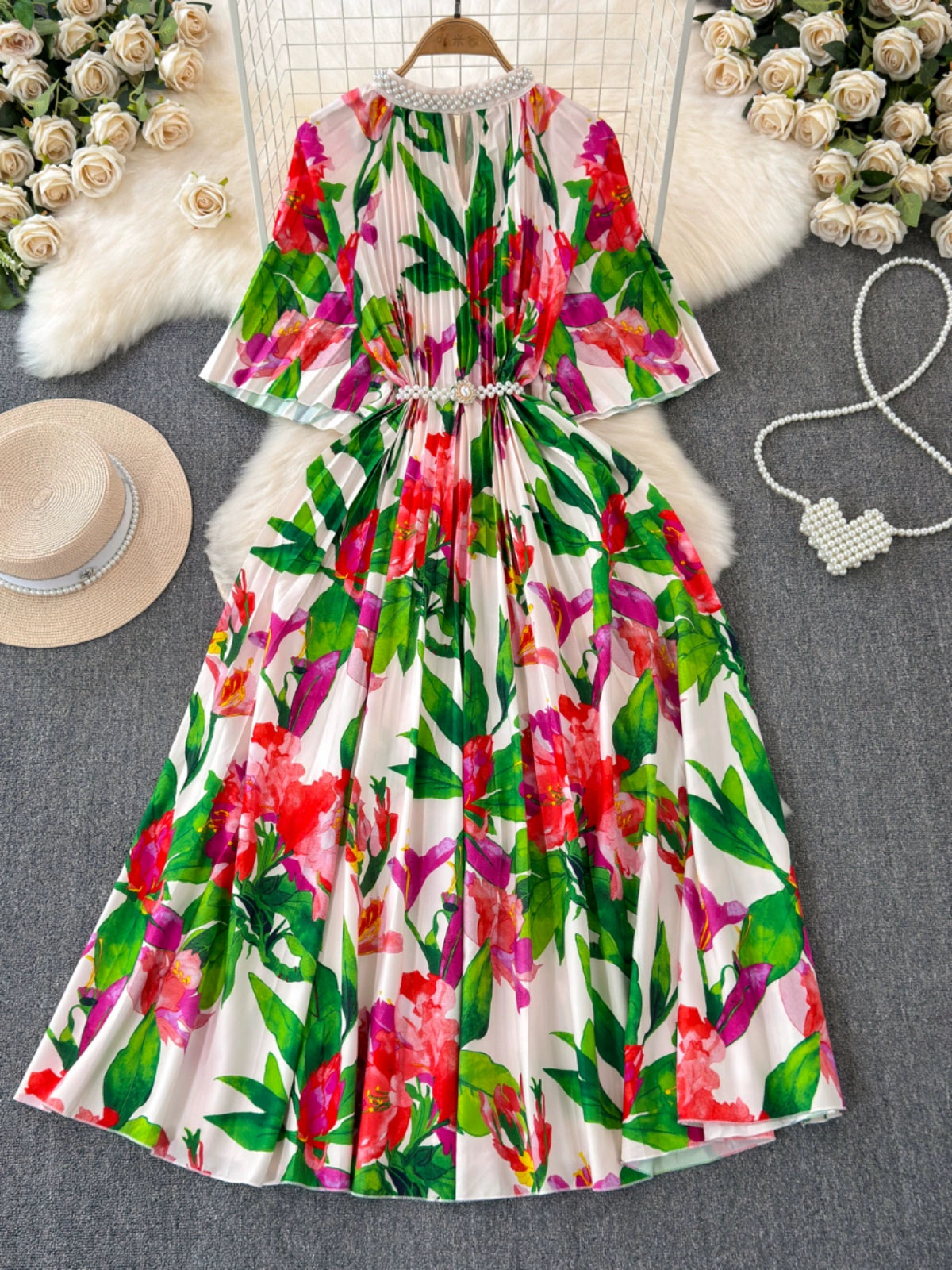 Fancy Accessible Luxury Socialite Stand-up Collar Cinched Slim Looking A- line Printed Pleated Dress Elegant Dress