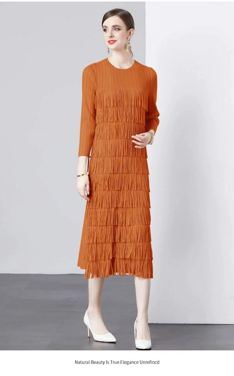 Sanzhai Pleated Spring and Autumn European and American Style Long-Sleeved Dress